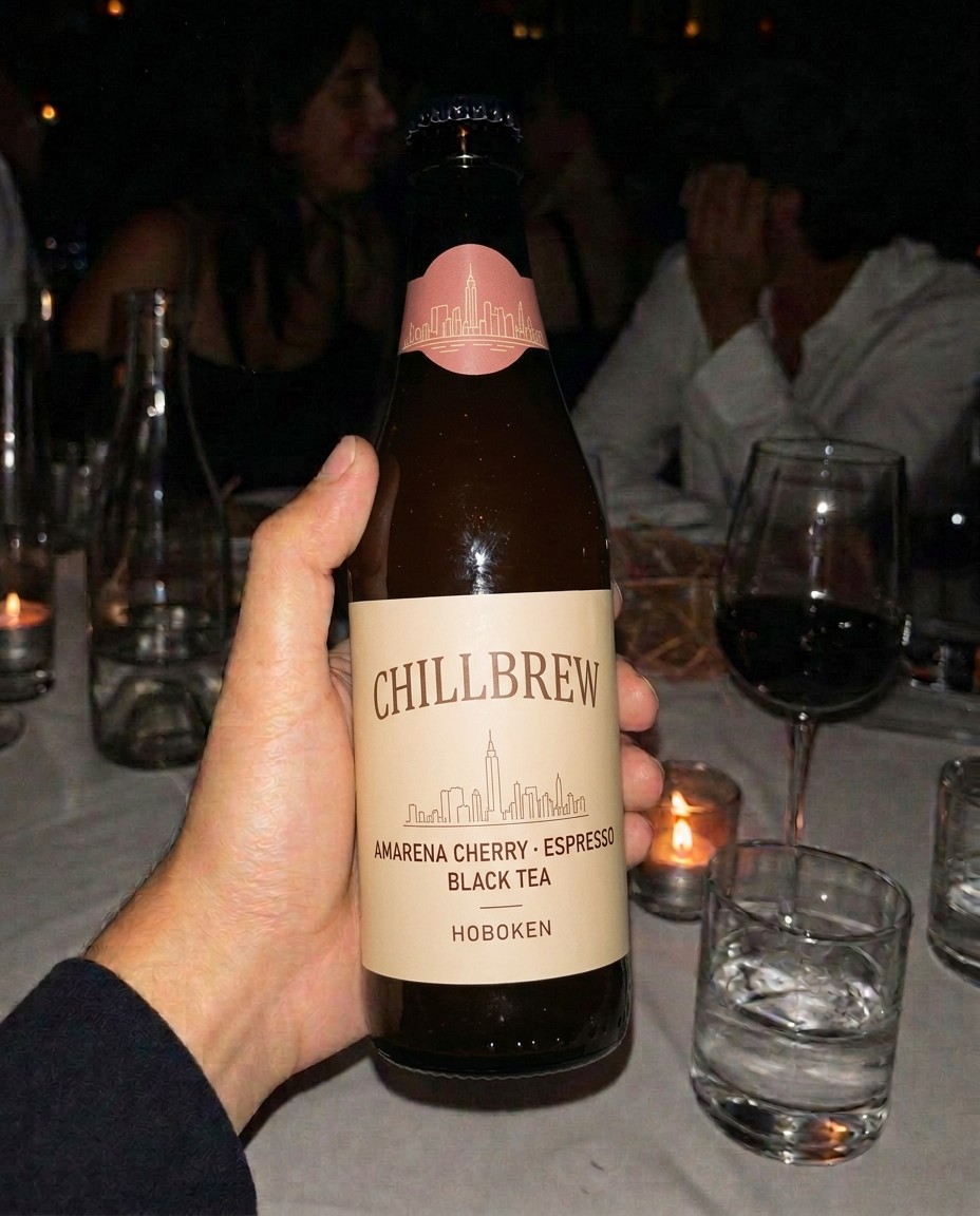 A hand holding a ChillBrew bottle at a candlelit table