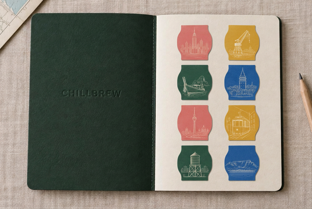 An open ChillBrew passport with collected city stamps